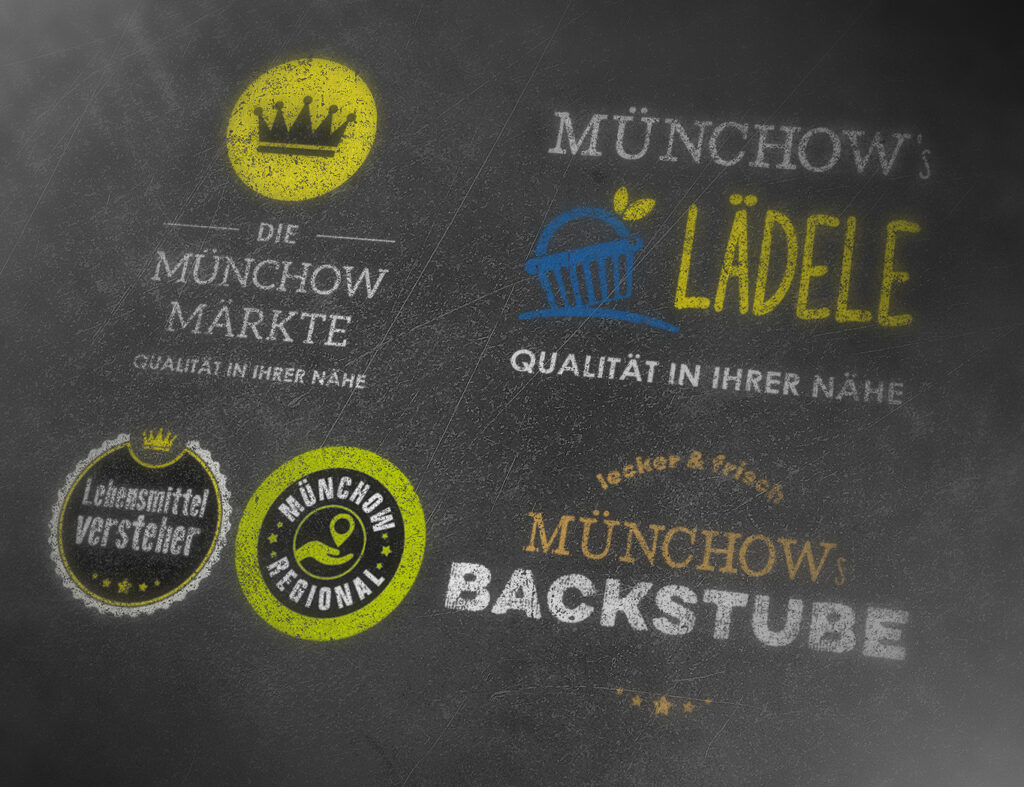 Logofamilie der Münchow Märkte mit Münchow's Lädele, Münchows Backstube, Münchow Regional und Lebensmittelversteher