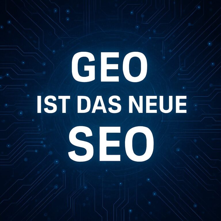 GEO ist das neue SEO“ – technisches, futuristisches Motiv mit blauen Schaltkreislinien im Hintergrund. Symbolbild für die digitale Transformation von Suchmaschinen zu KI-basierten Generative Engines.