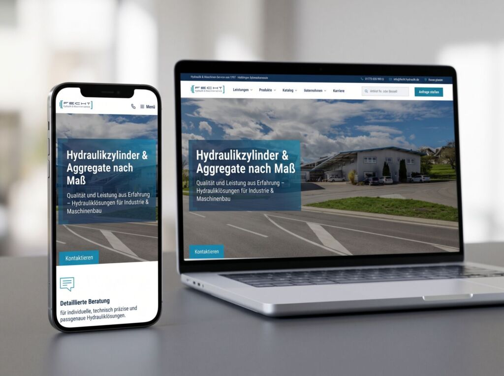 Website von FECHT Hydraulik auf Smartphone und Laptop: „Hydraulikzylinder & Aggregate nach Maß“ vor dem Firmengebäude