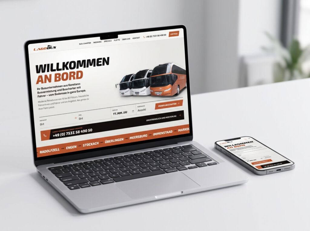 Website von LAGOBUS auf Laptop und Smartphone: „Willkommen an Bord“ mit Reisebussen und Anfrageformular