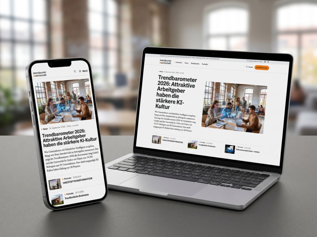 Wirtschaftsmagazin Standpunkt.Wirtschaft auf Smartphone und Laptop: Aufmacher „Trendbarometer 2026: Attraktive Arbeitgeber haben die stärkere KI-Kultur“, darunter aktuelle Portraits