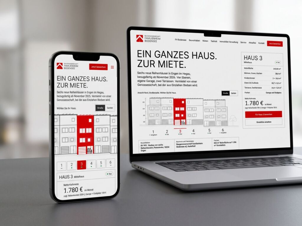 Microsite der Familienheim Bodensee auf Smartphone und Laptop: „Ein ganzes Haus. Zur Miete.“ mit Auswahl der sechs Reihenhäuser