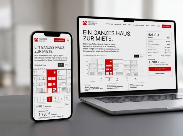 Microsite der Familienheim Bodensee auf Smartphone und Laptop: „Ein ganzes Haus. Zur Miete.“ mit Auswahl der sechs Reihenhäuser