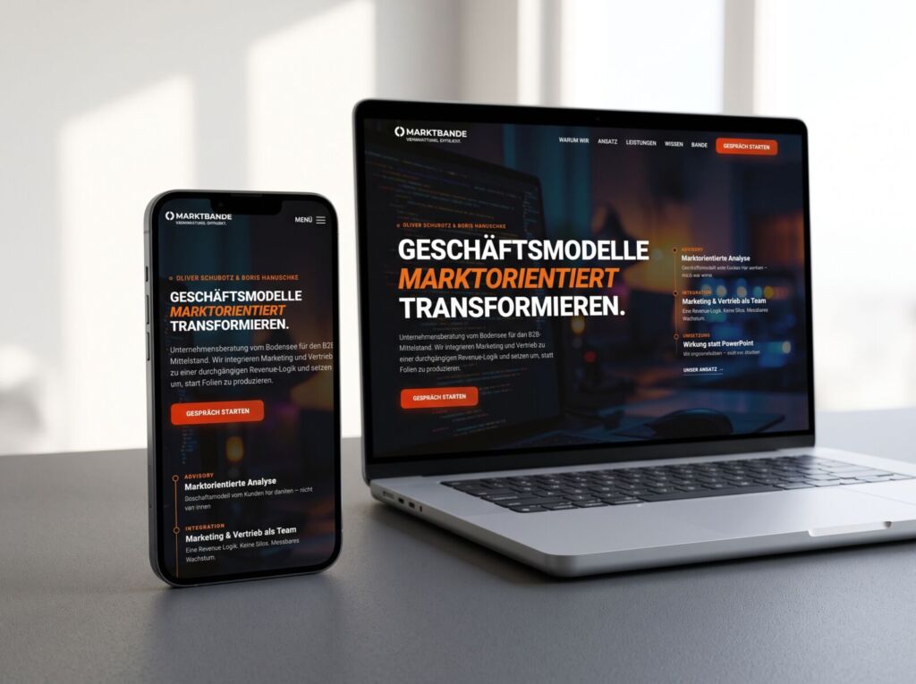 Website von MARKTBANDE auf Laptop und Smartphone mit der Überschrift „Geschäftsmodelle marktorientiert transformieren“