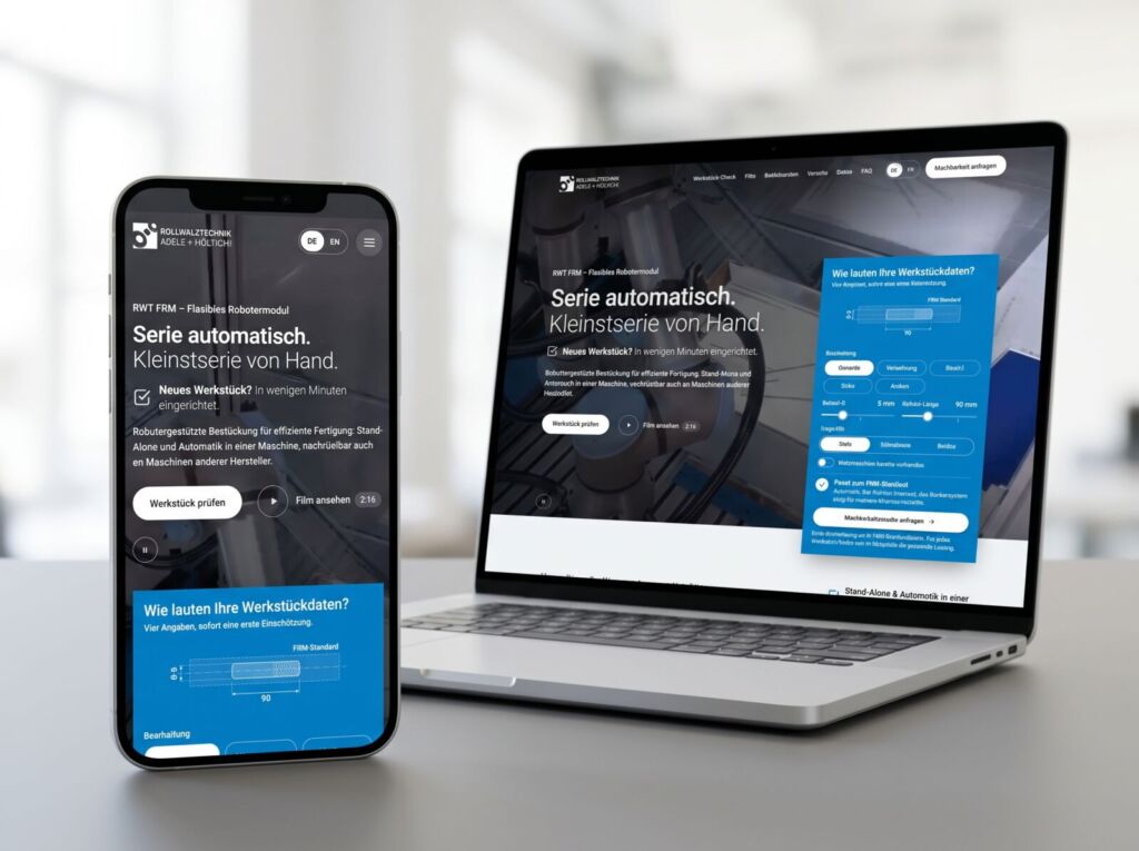 Microsite zum RWT FRM auf Smartphone und Laptop: „Serie automatisch. Kleinstserie von Hand.“ mit Werkstück-Check