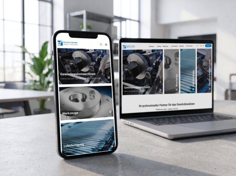 Website von Rollwalztechnik Abele + Höltich auf Smartphone und Laptop mit den Bereichen Gewindewalzmaschinen, Werkzeuge und Lohnfertigung