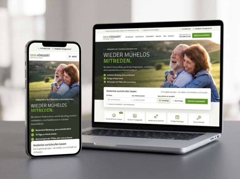 Website von DEIN HÖRGERÄT auf Smartphone und Laptop: „Wieder mühelos mitreden.“ mit Rückruf-Formular