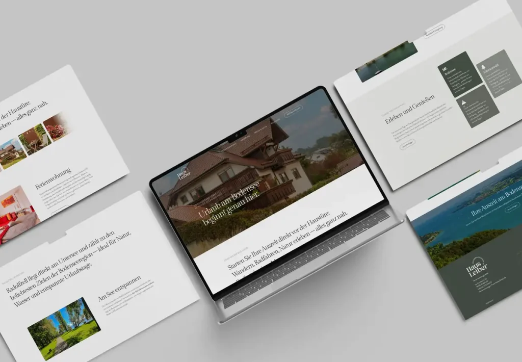 Webseite von Haus Leiber mit „Urlaub am Bodensee beginnt genau hier“ auf einem Laptop zwischen Seitenausschnitten