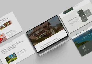 Webseite von Haus Leiber mit „Urlaub am Bodensee beginnt genau hier“ auf einem Laptop zwischen Seitenausschnitten