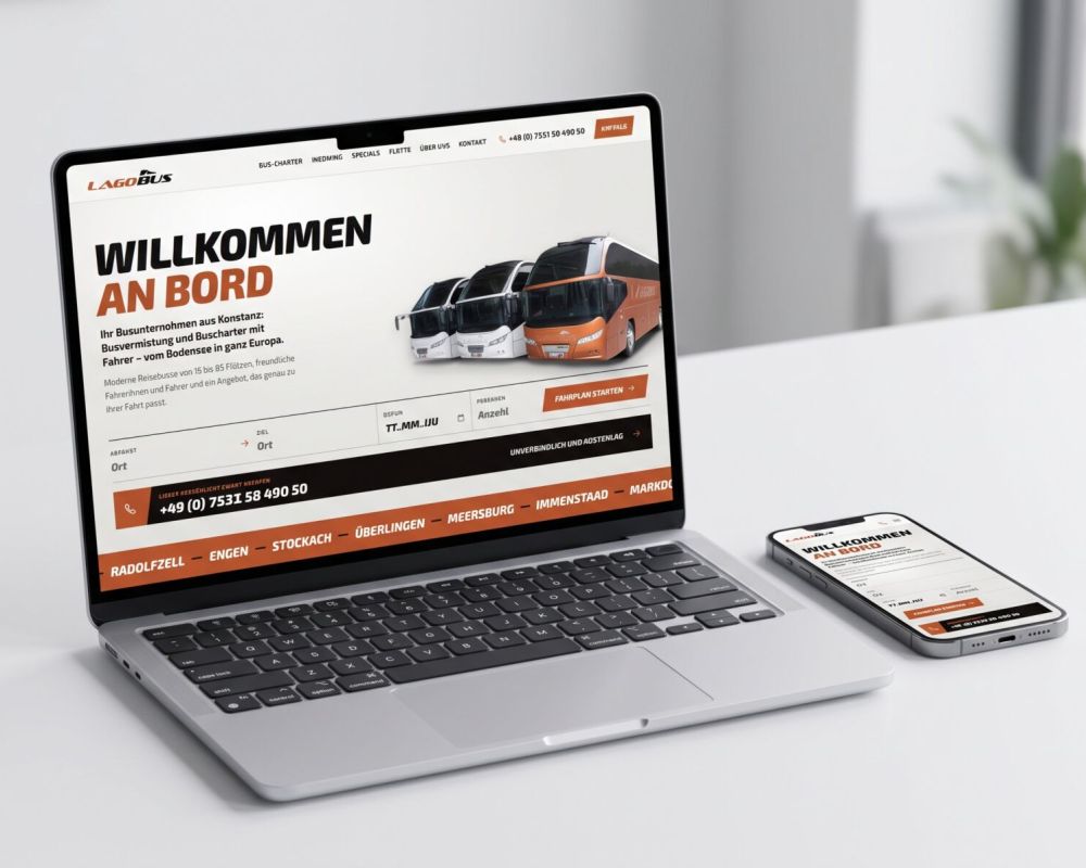Website von LAGOBUS auf Laptop und Smartphone: „Willkommen an Bord“ mit Reisebussen und Anfrageformular