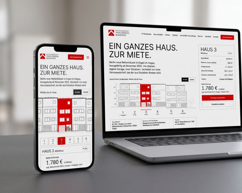 Microsite der Familienheim Bodensee auf Smartphone und Laptop: „Ein ganzes Haus. Zur Miete.“ mit Auswahl der sechs Reihenhäuser