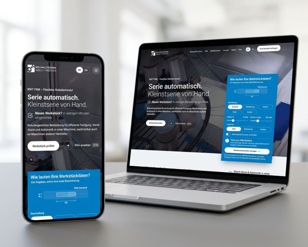 Microsite zum RWT FRM auf Smartphone und Laptop: „Serie automatisch. Kleinstserie von Hand.“ mit Werkstück-Check