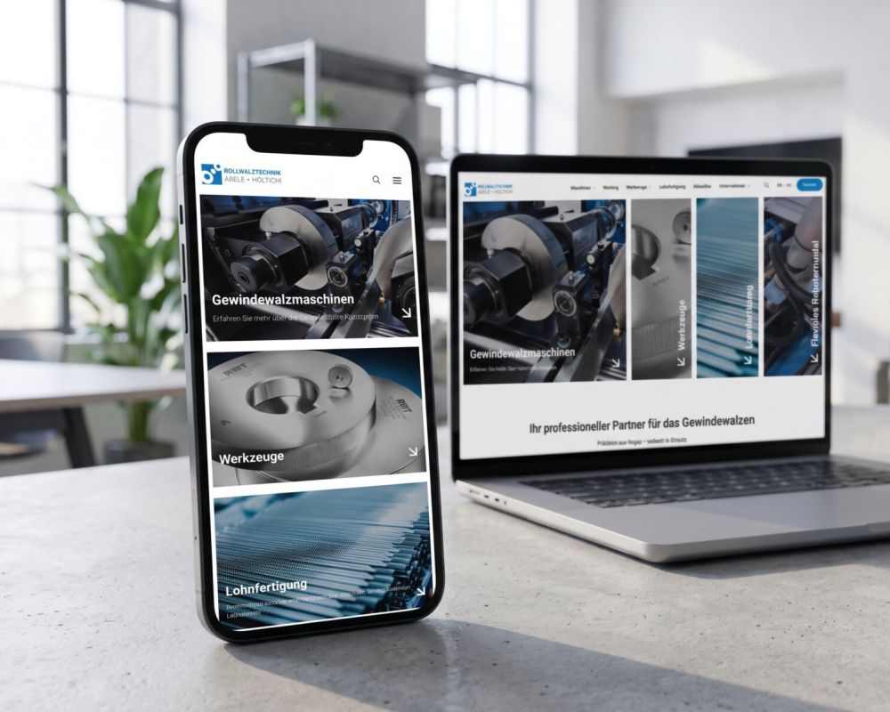 Website von Rollwalztechnik Abele + Höltich auf Smartphone und Laptop mit den Bereichen Gewindewalzmaschinen, Werkzeuge und Lohnfertigung