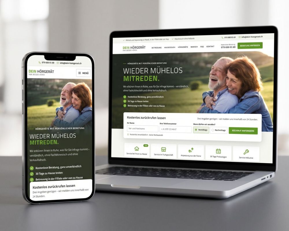 Website von DEIN HÖRGERÄT auf Smartphone und Laptop: „Wieder mühelos mitreden.“ mit Rückruf-Formular