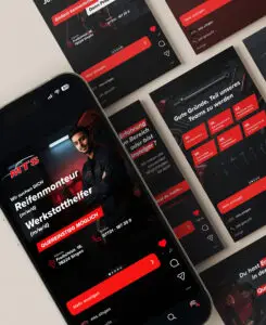 Social-Media-Anzeigen von MTS Singen auf einem Smartphone: „Wir suchen Dich“ für Reifenmonteur und Werkstatthelfer